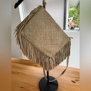 En Shalla Leather Fringe Woven Wristlet with Removable Shoulder Strap
